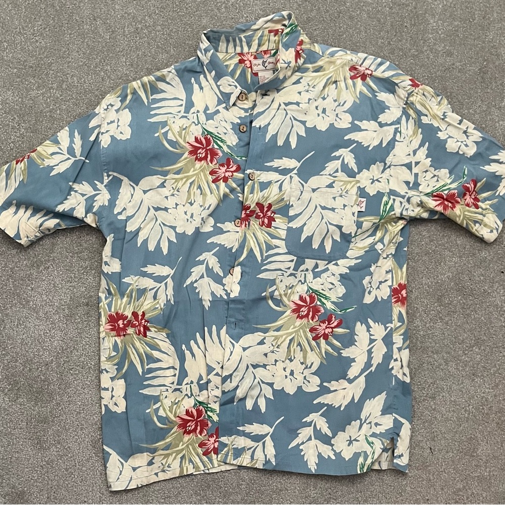 Blue and White Casual Button Down Shirt with Tropical Print